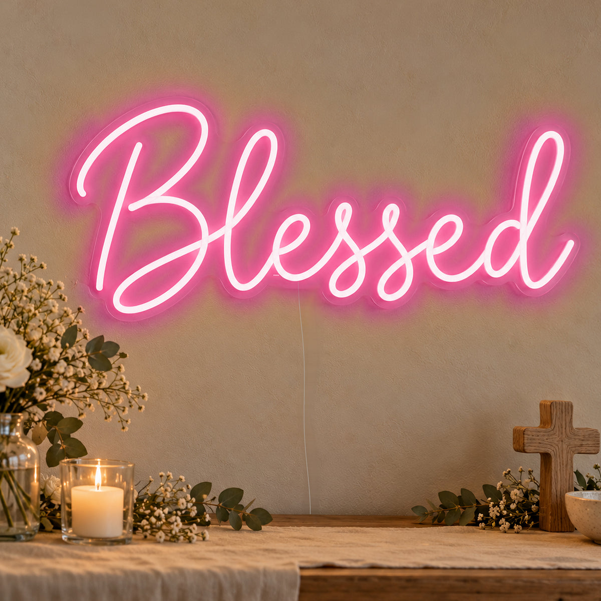 Blessed Neon Sign in rose red LED neon on clear acrylic, angled view