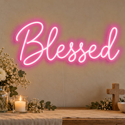 Blessed Neon Sign in rose red LED neon on clear acrylic, angled view