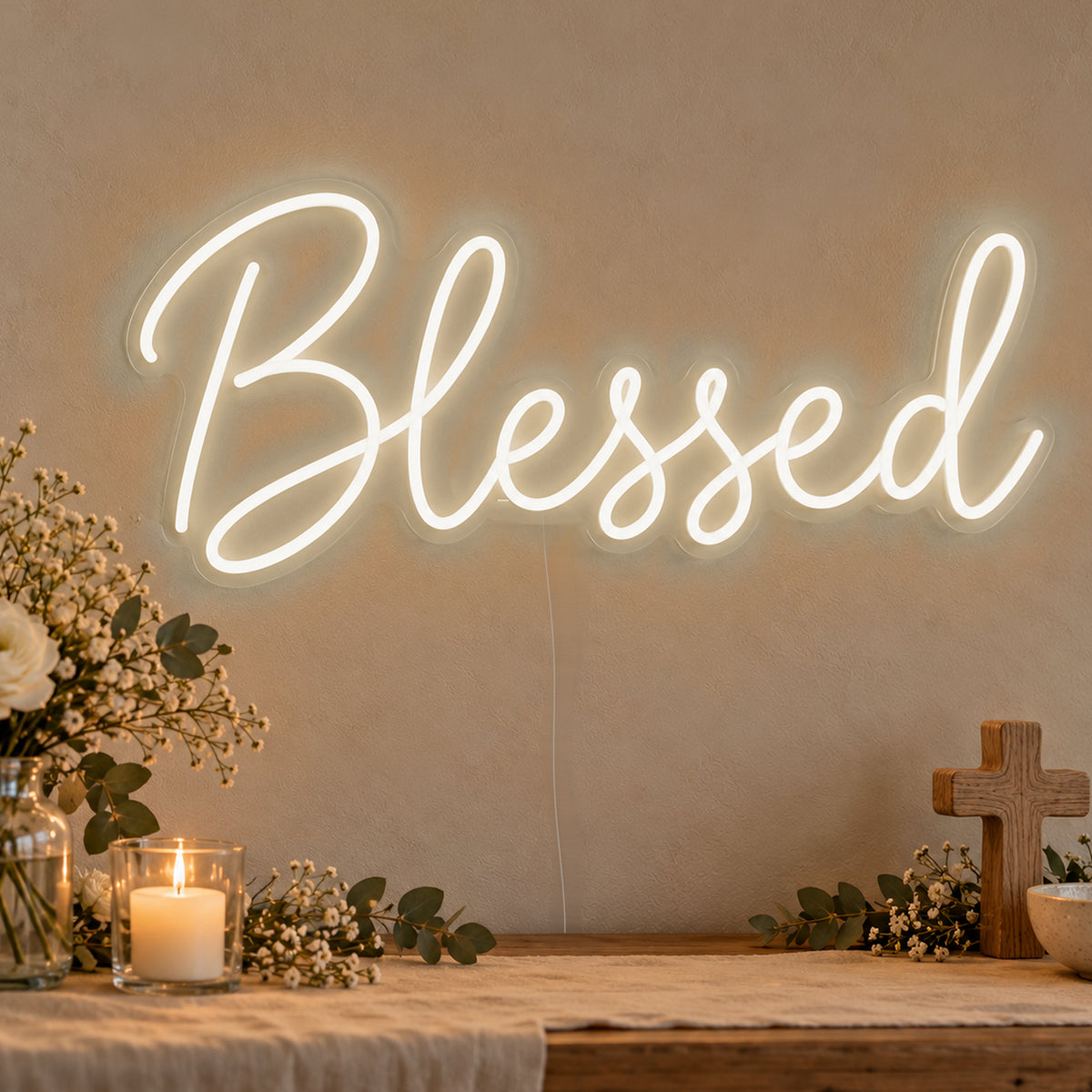 Blessed Neon Sign in warm white LED neon on clear acrylic, angled view
