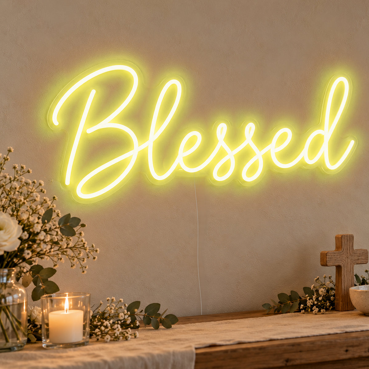 Blessed Neon Sign in yellow LED neon on clear acrylic, angled view