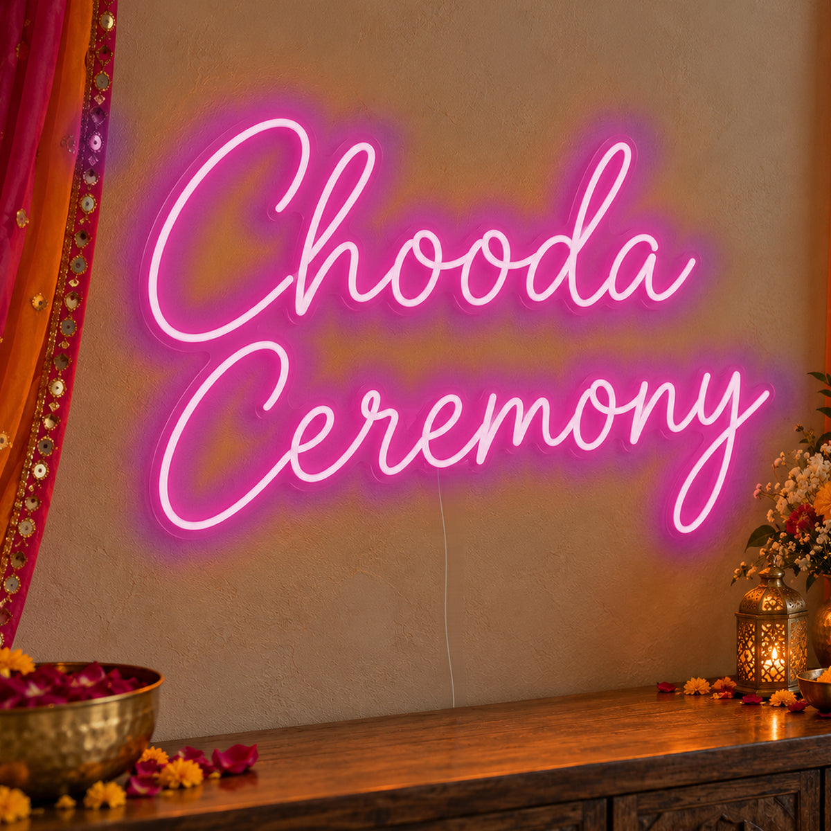 Chooda Ceremony Neon Sign in pink LED neon on clear acrylic, angled view