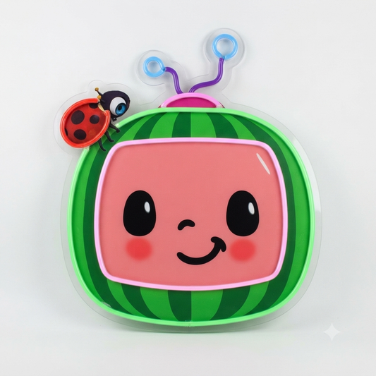 Cocomelon LED Neon Sign in green and pink, featuring the Cocomelon smiling television character on a light wall.