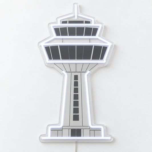 Control Tower Neon Sign, featuring an airport control tower, on a single clear acrylic backing displayed on a white surface.