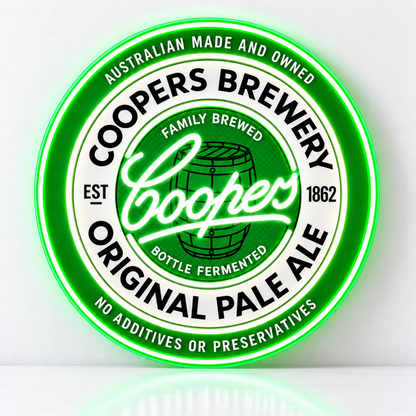 Coopers Brewery LED Neon Sign, featuring illuminated beer-brand logo on a light background.