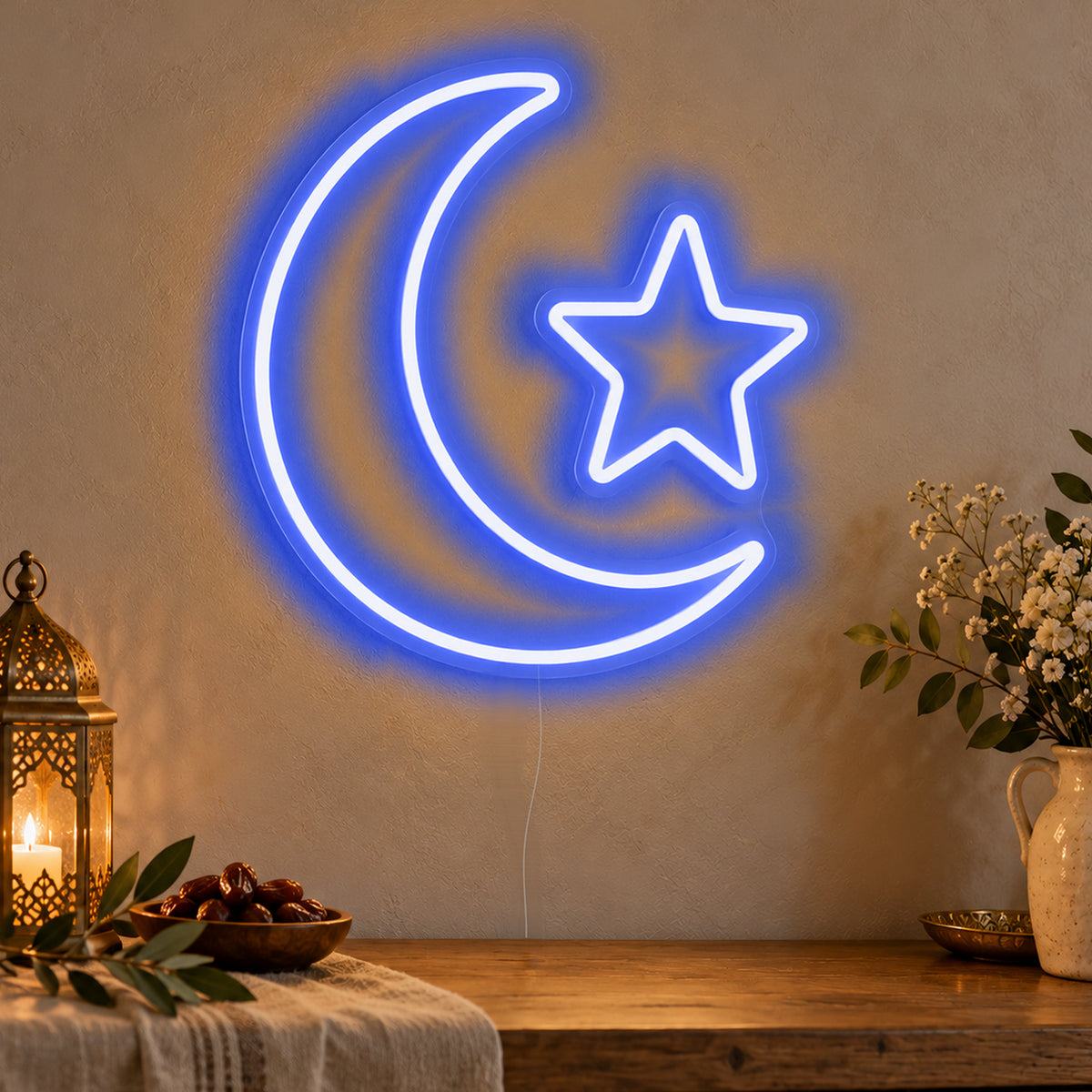 Crescent Star Neon Sign in blue LED neon on clear acrylic, angled view
