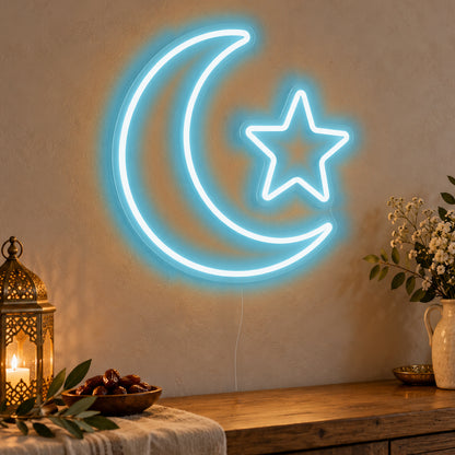 Crescent Star Neon Sign in ice blue LED neon on clear acrylic, angled view