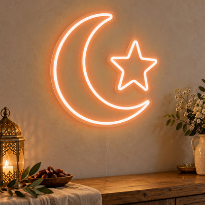 Crescent Star Neon Sign in orange LED neon on clear acrylic, angled view