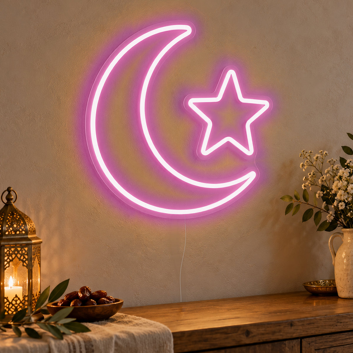 Crescent Star Neon Sign in pink LED neon on clear acrylic, angled view