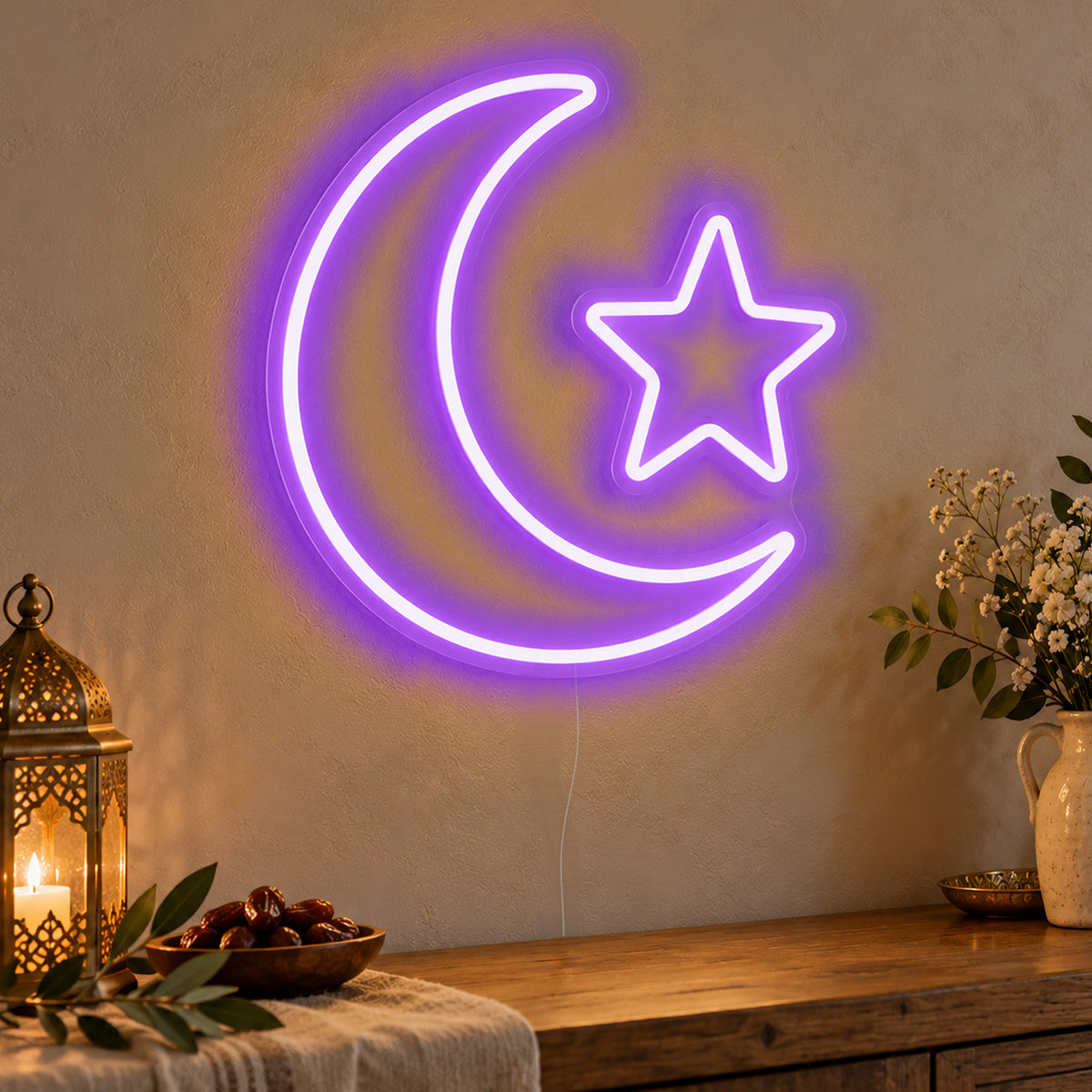 Crescent Star Neon Sign in purple LED neon on clear acrylic, angled view