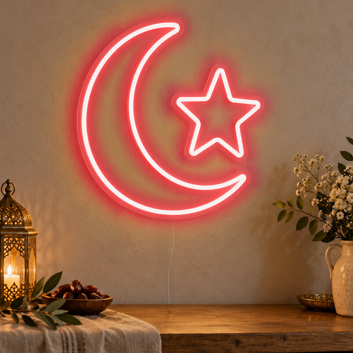 Crescent Star Neon Sign in red LED neon on clear acrylic, angled view