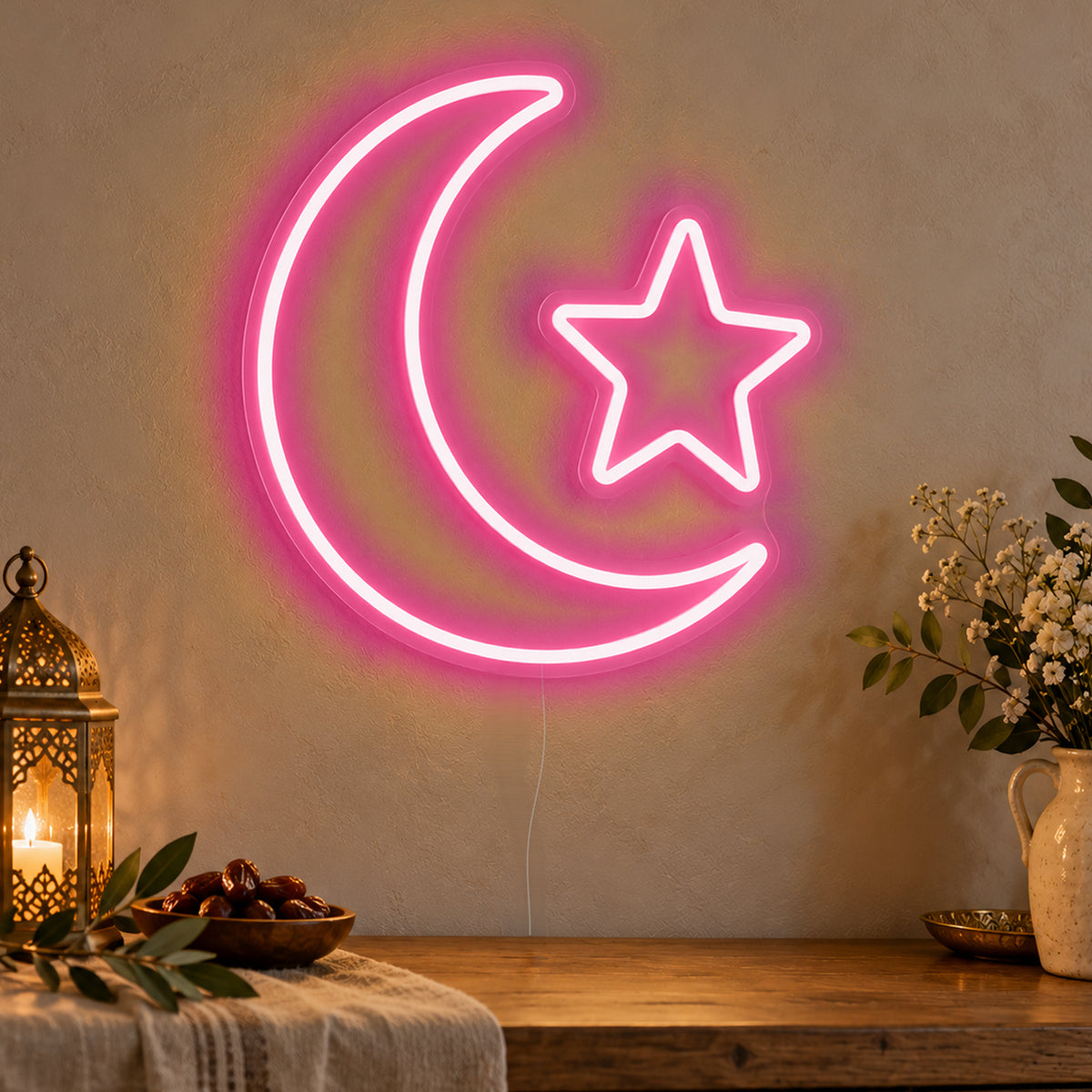 Crescent Star Neon Sign in rose red LED neon on clear acrylic, angled view