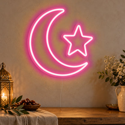 Crescent Star Neon Sign in rose red LED neon on clear acrylic, angled view