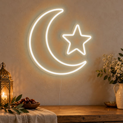 Crescent Star Neon Sign in warm white LED neon on clear acrylic, angled view