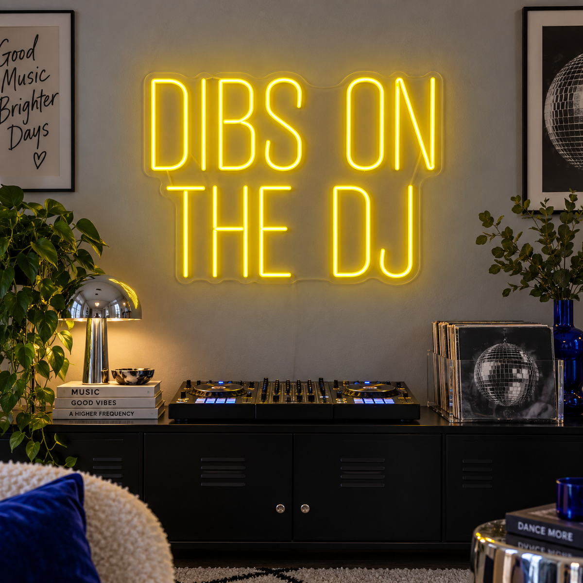 Dibs On The DJ Neon Sign in yellow, featuring Dibs on the DJ block lettering above a sideboard.