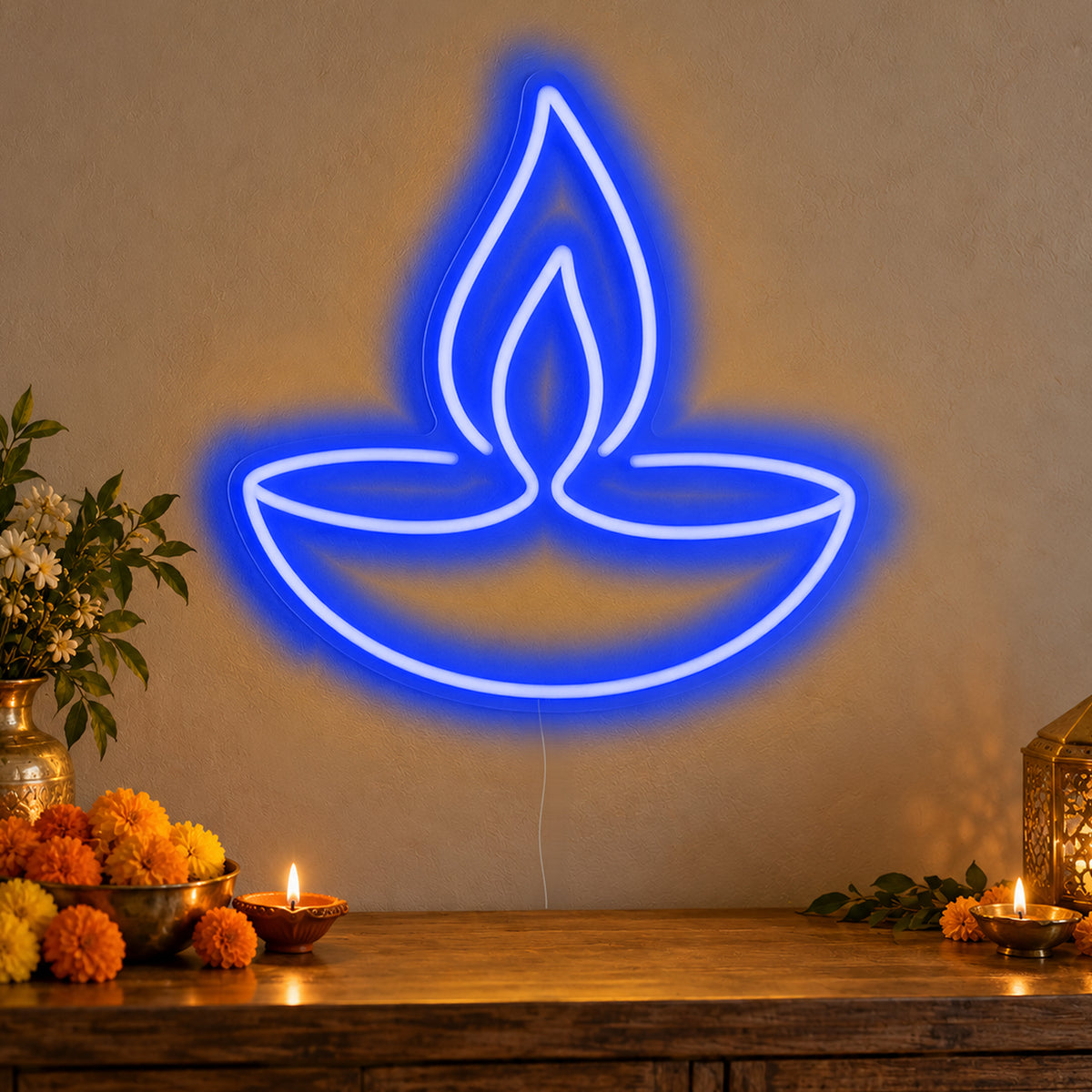Diya Lamp Neon Sign in blue LED neon on clear acrylic, angled view