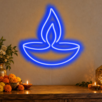 Diya Lamp Neon Sign in blue LED neon on clear acrylic, angled view