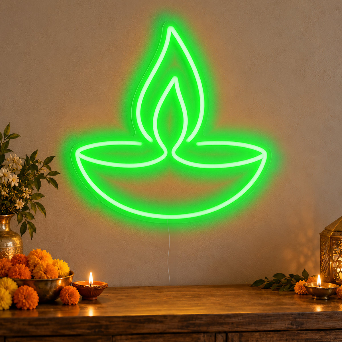 Diya Lamp Neon Sign in green LED neon on clear acrylic, angled view