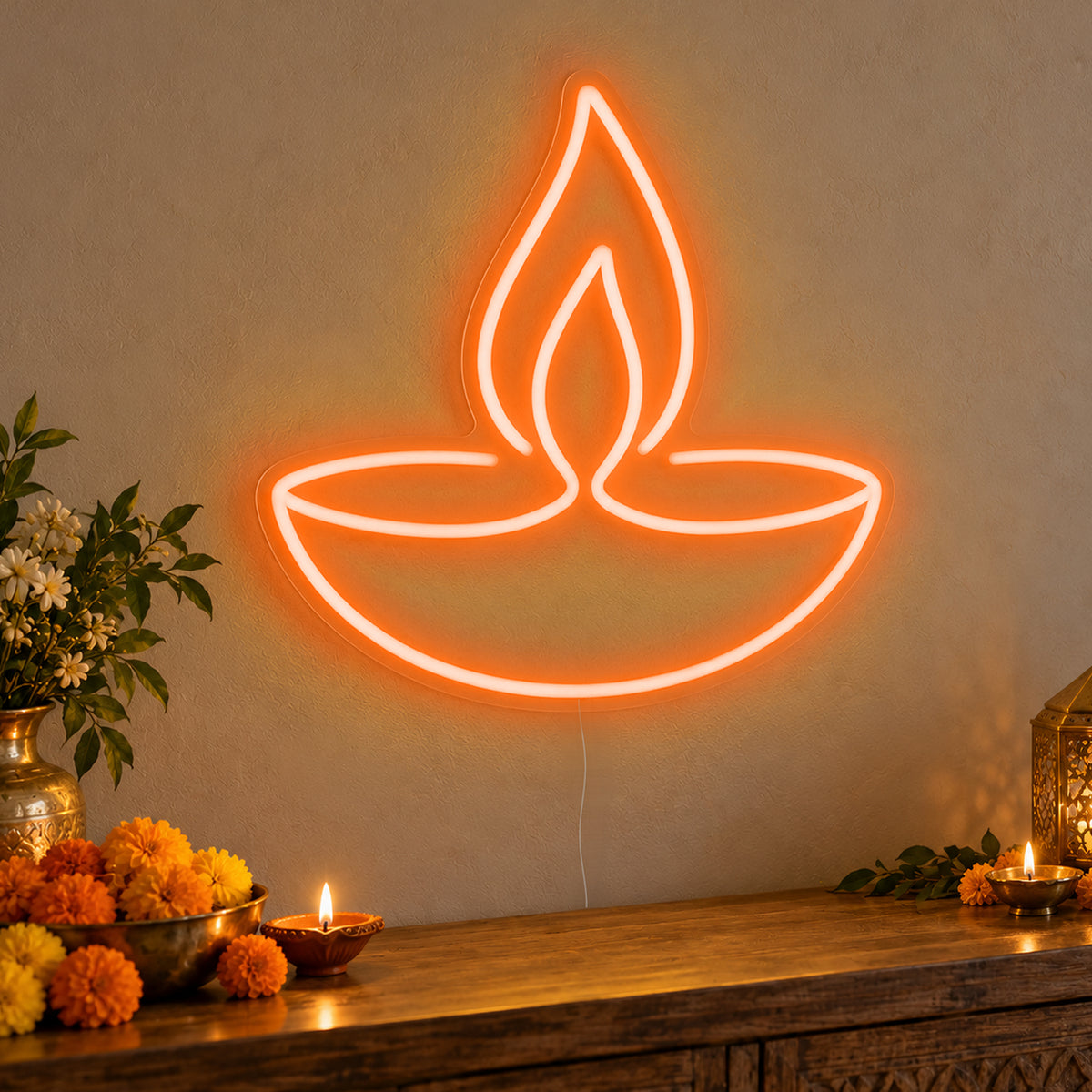 Diya Lamp Neon Sign in orange LED neon on clear acrylic, angled view