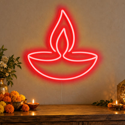 Diya Lamp Neon Sign in red LED neon on clear acrylic, angled view