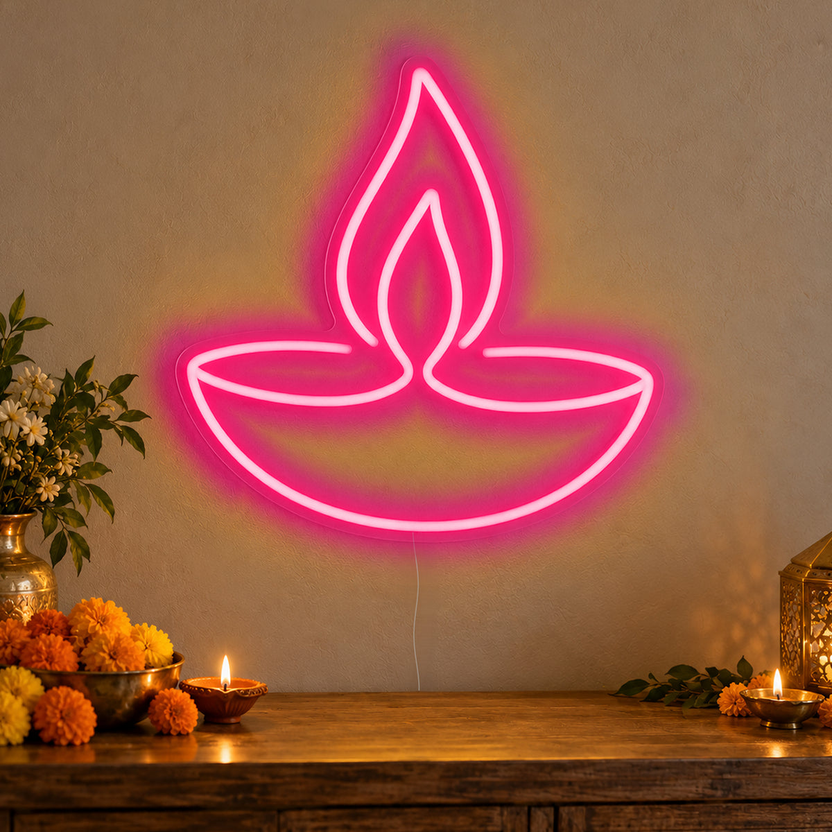 Diya Lamp Neon Sign in rose red LED neon on clear acrylic, angled view