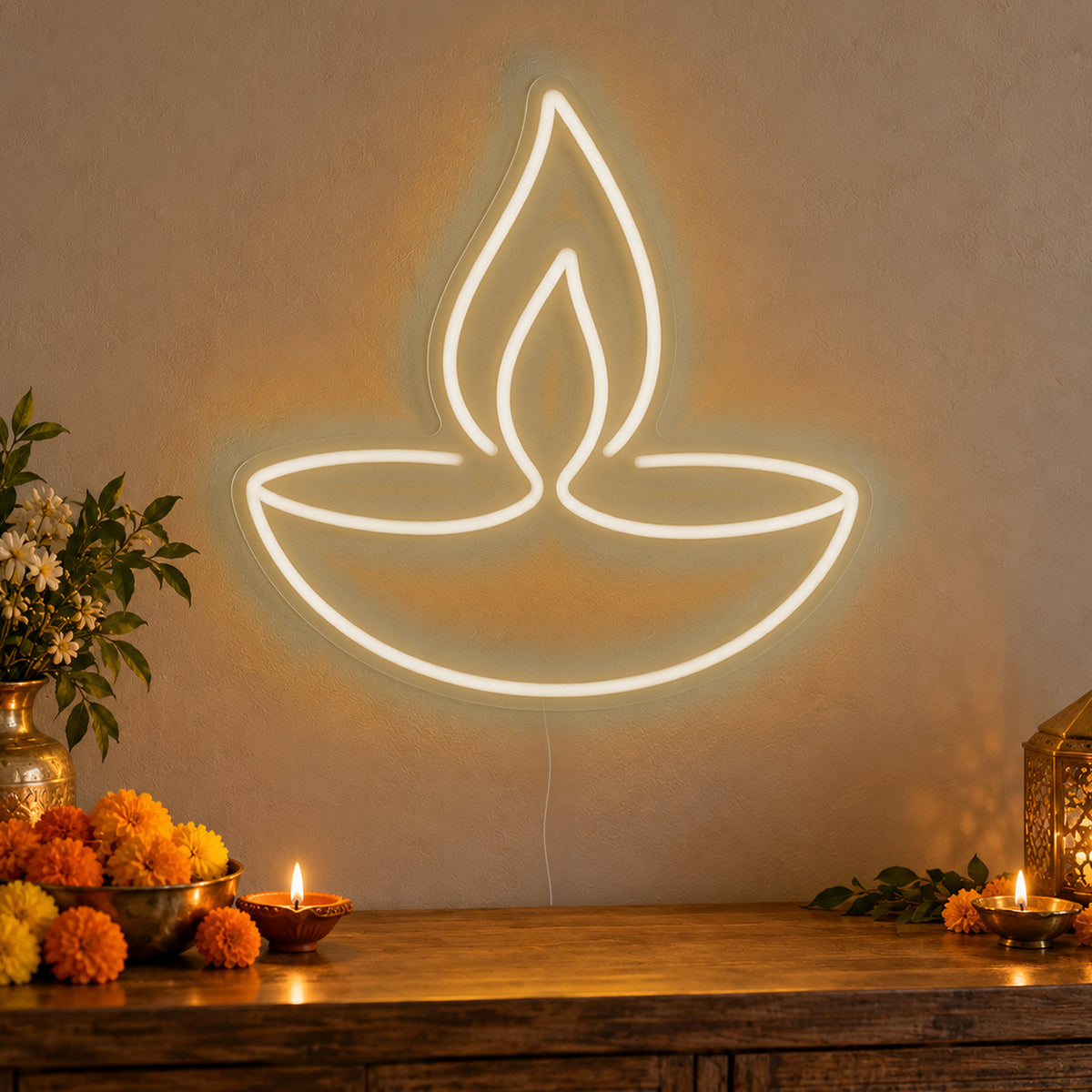 Diya Lamp Neon Sign in warm white LED neon on clear acrylic, angled view
