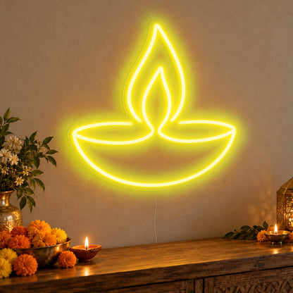 Diya Lamp Neon Sign in yellow LED neon on clear acrylic, angled view