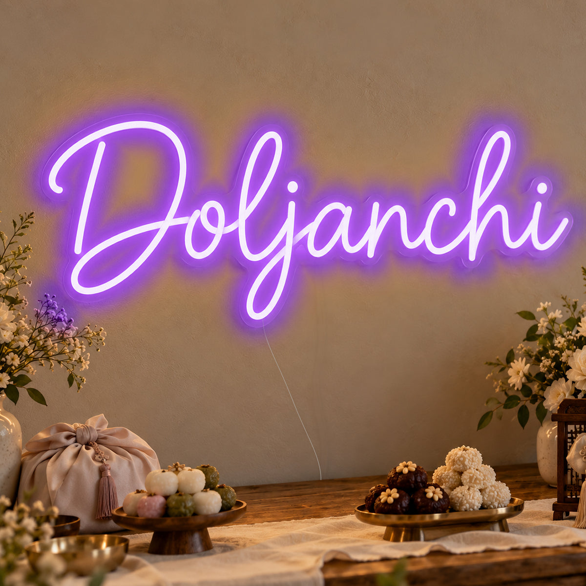 Doljanchi Neon Sign in purple LED neon on clear acrylic, angled view