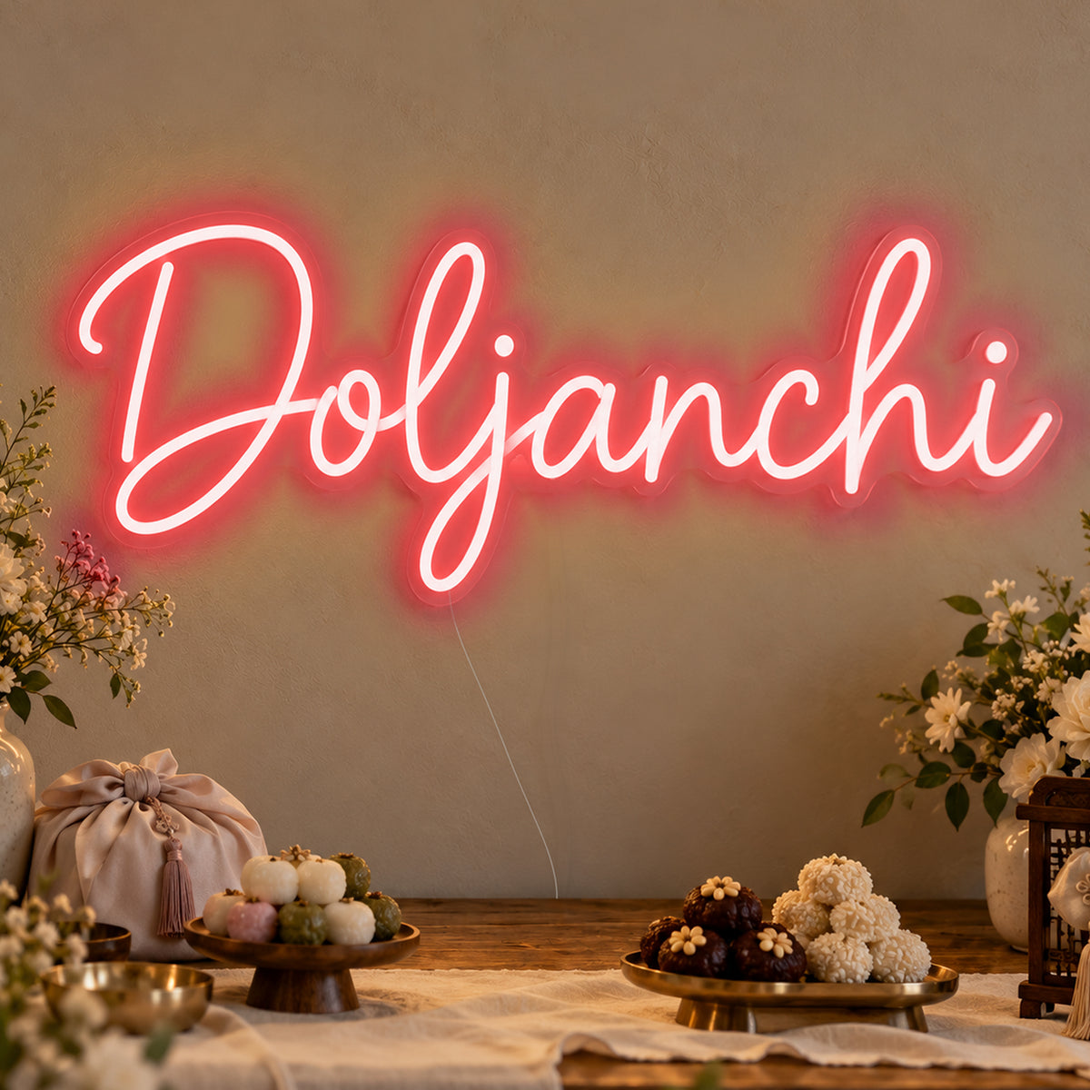 Doljanchi Neon Sign in red LED neon on clear acrylic, angled view