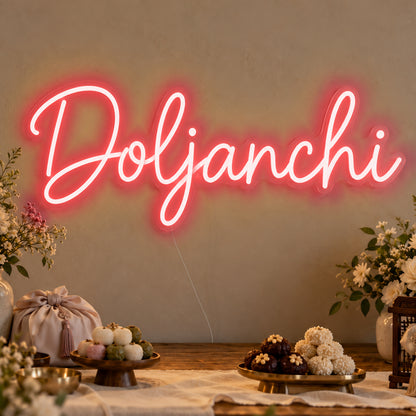 Doljanchi Neon Sign in red LED neon on clear acrylic, angled view