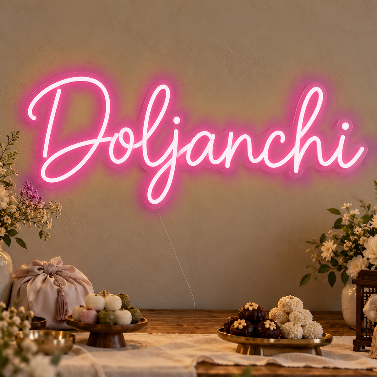 Doljanchi Neon Sign in rose red LED neon on clear acrylic, angled view