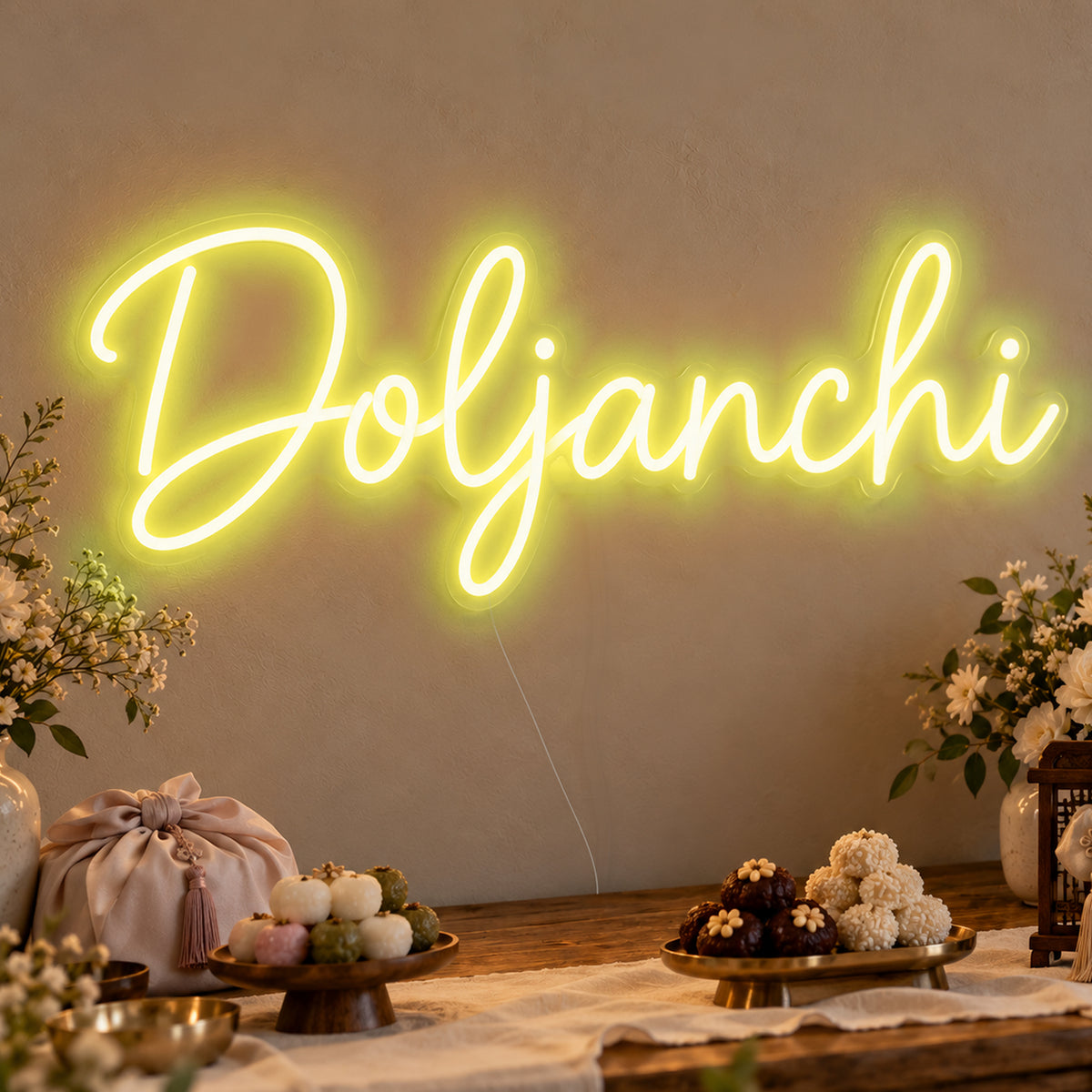Doljanchi Neon Sign in yellow LED neon on clear acrylic, angled view