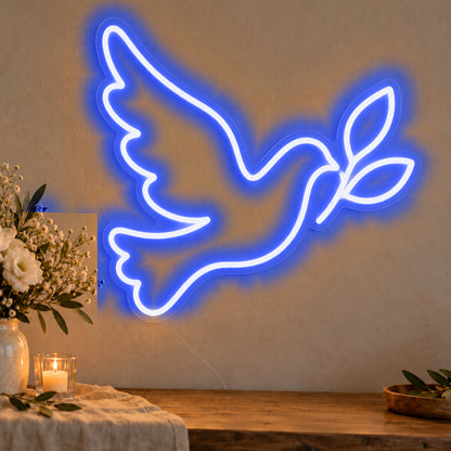 Dove Neon Sign in blue LED neon on clear acrylic, angled view