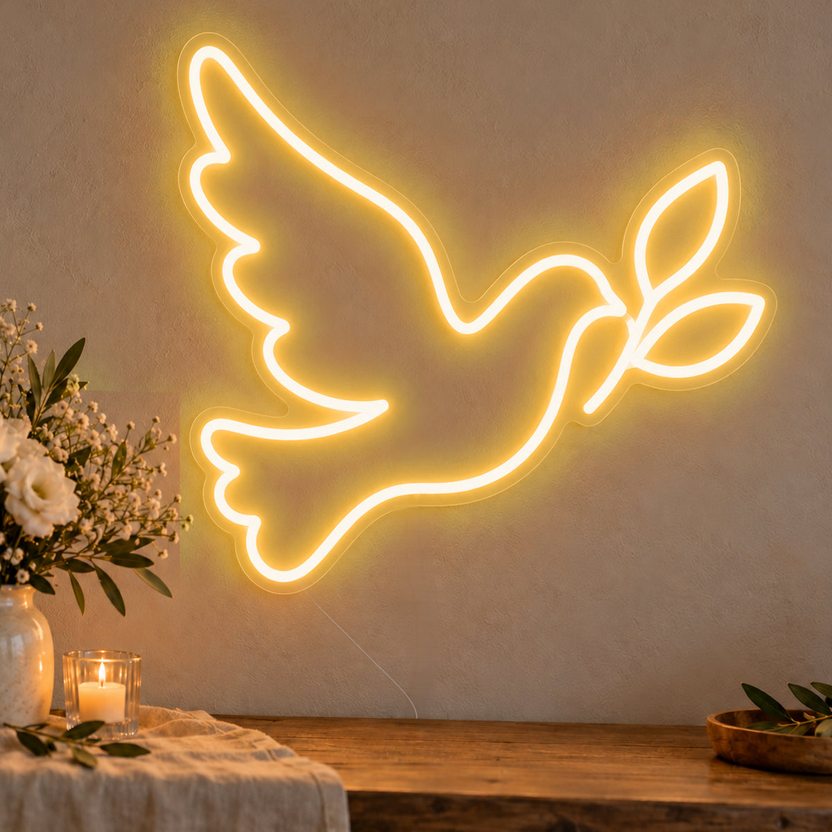 Dove Neon Sign in gold LED neon on clear acrylic, angled view