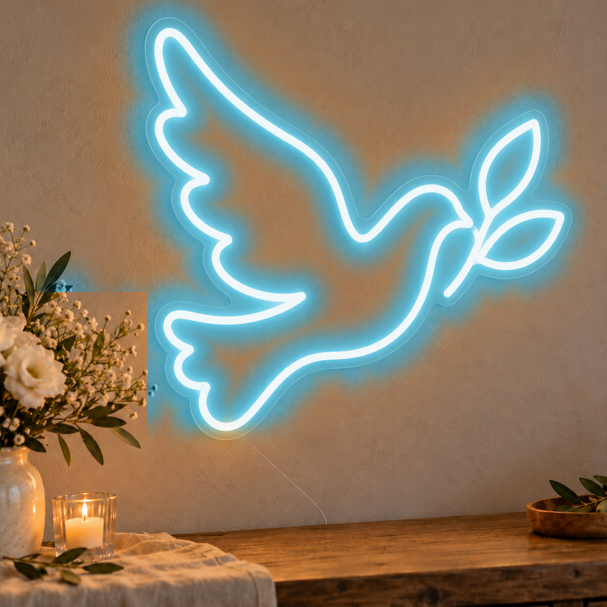 Dove Neon Sign in ice blue LED neon on clear acrylic, angled view