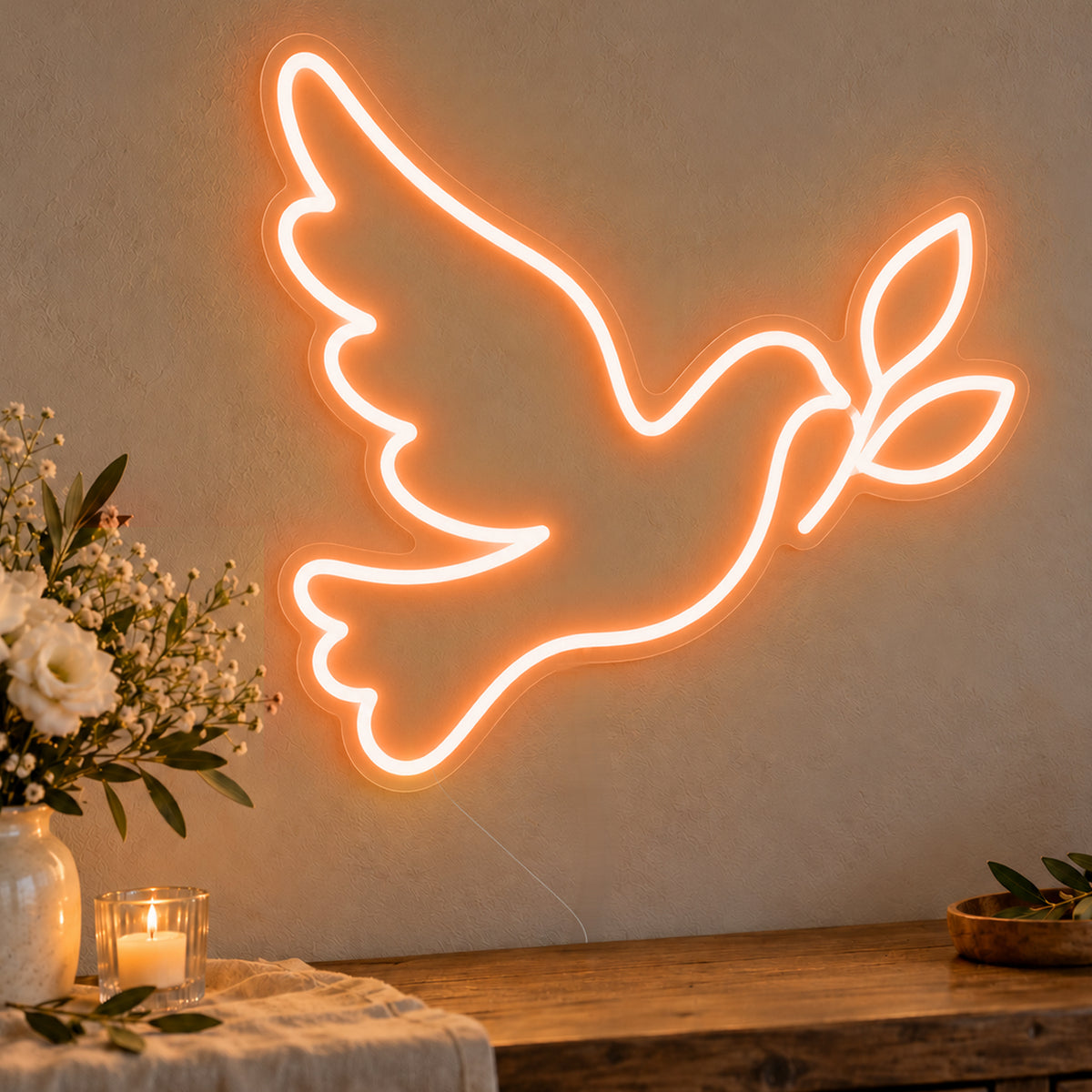 Dove Neon Sign in orange LED neon on clear acrylic, angled view