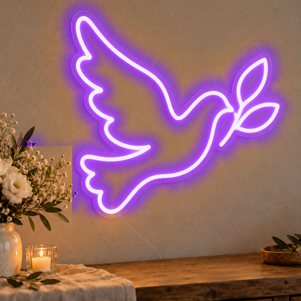 Dove Neon Sign in purple LED neon on clear acrylic, angled view