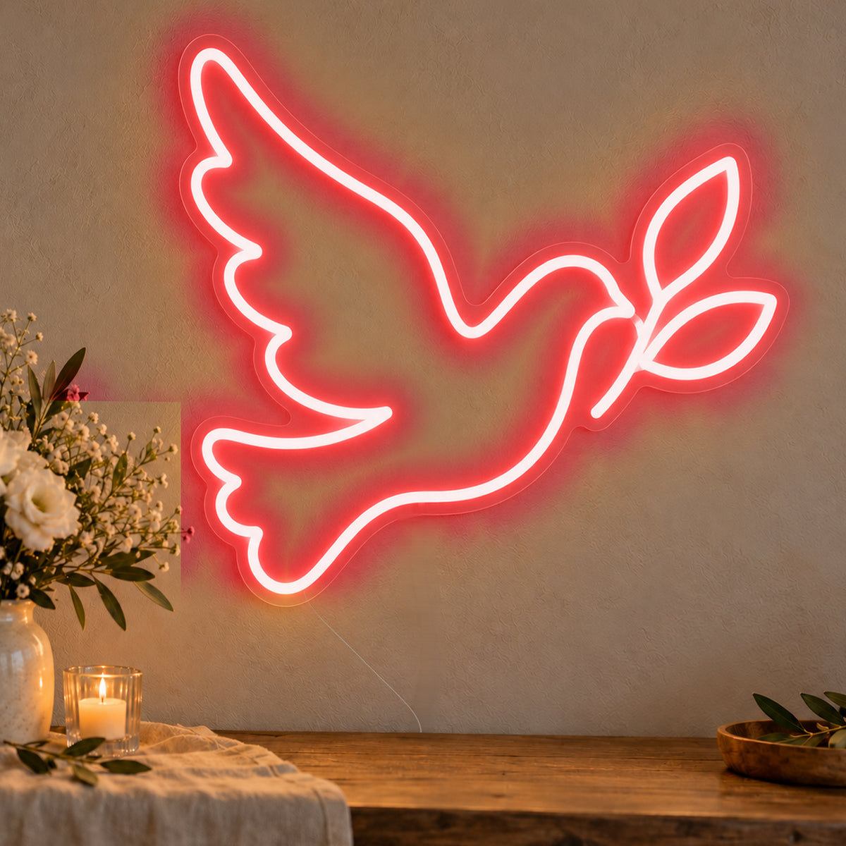 Dove Neon Sign in red LED neon on clear acrylic, angled view