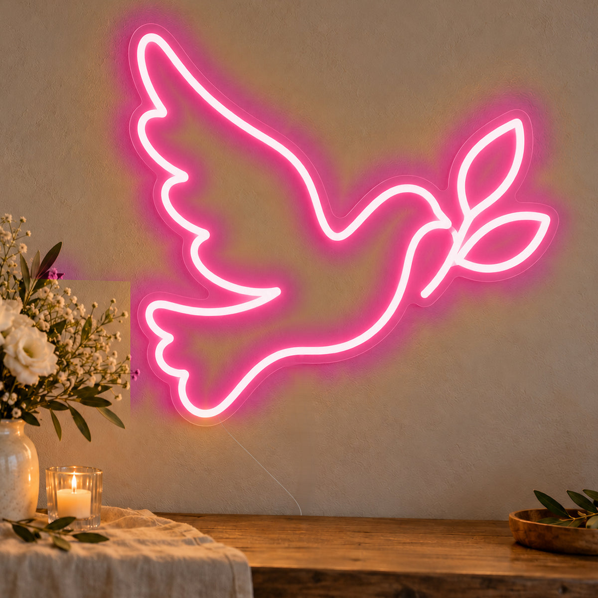 Dove Neon Sign in rose red LED neon on clear acrylic, angled view
