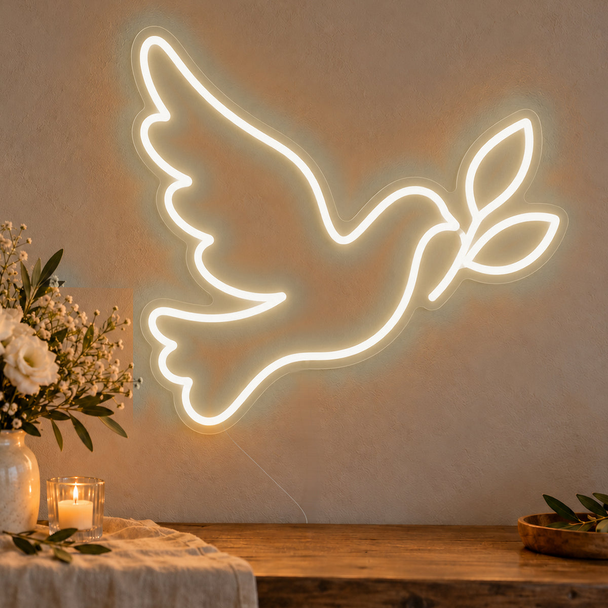 Dove Neon Sign in warm white LED neon on clear acrylic, angled view