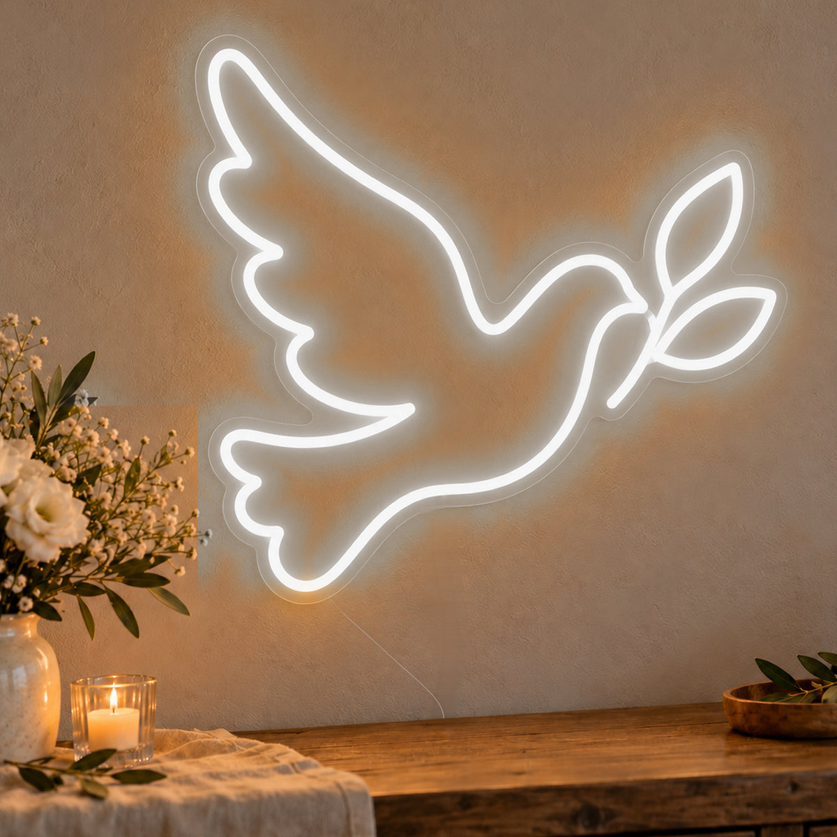 Dove Neon Sign in white LED neon on clear acrylic, angled view
