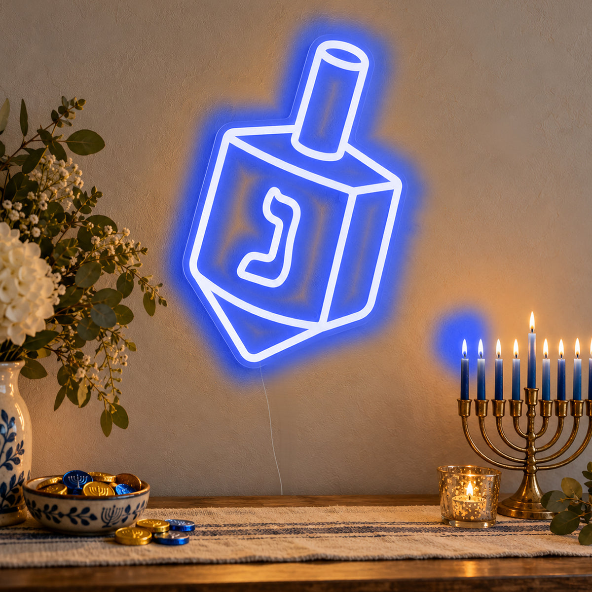 Dreidel Neon Sign in blue LED neon on clear acrylic, angled view