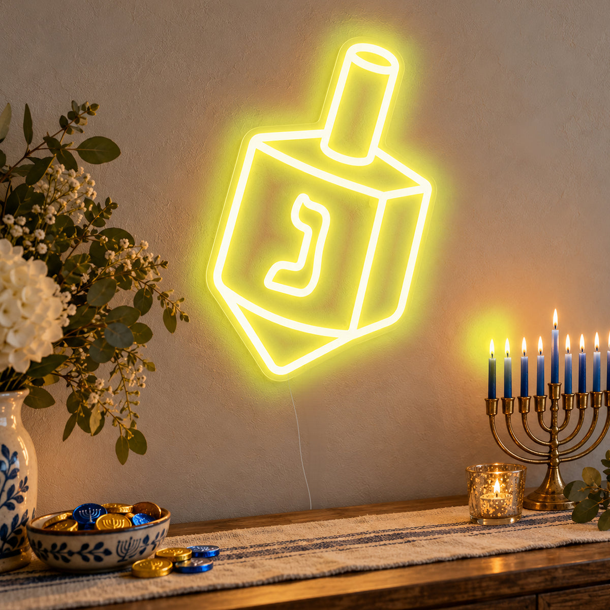 Dreidel Neon Sign in yellow LED neon on clear acrylic, angled view
