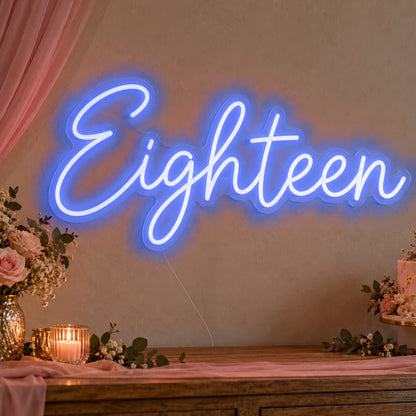 Eighteen Neon Sign in blue LED neon on clear acrylic, angled view