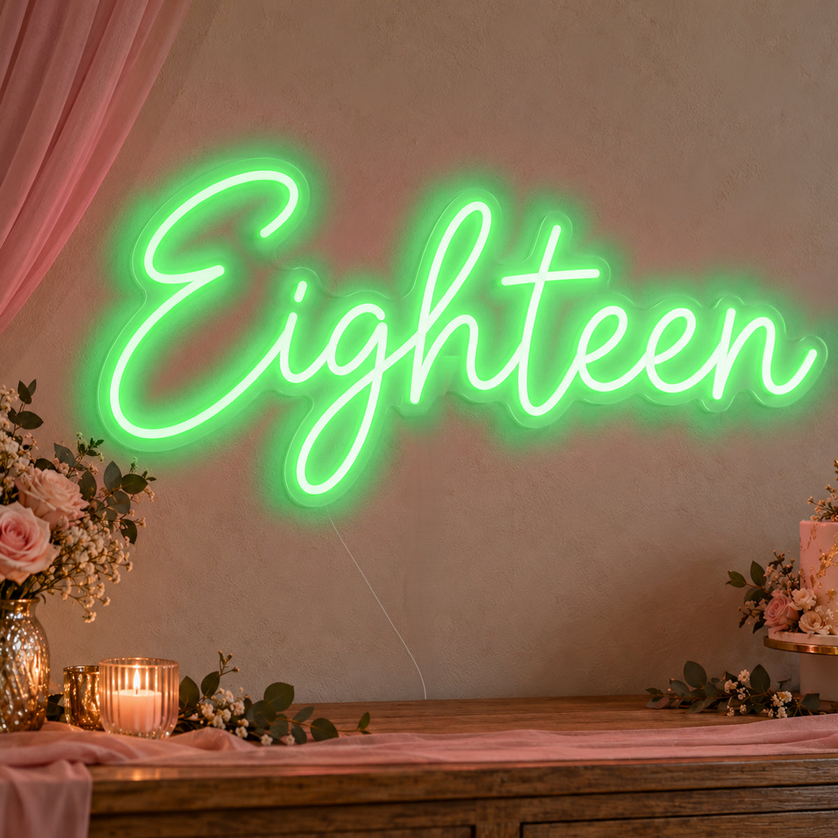 Eighteen Neon Sign in green LED neon on clear acrylic, angled view