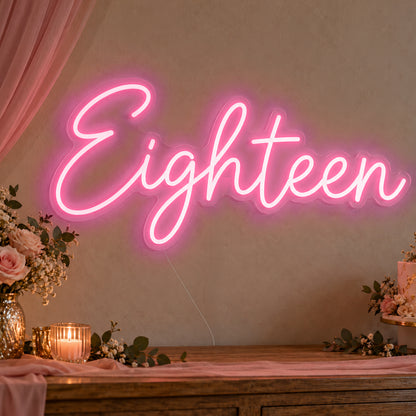 Eighteen Neon Sign in rose red LED neon on clear acrylic, angled view