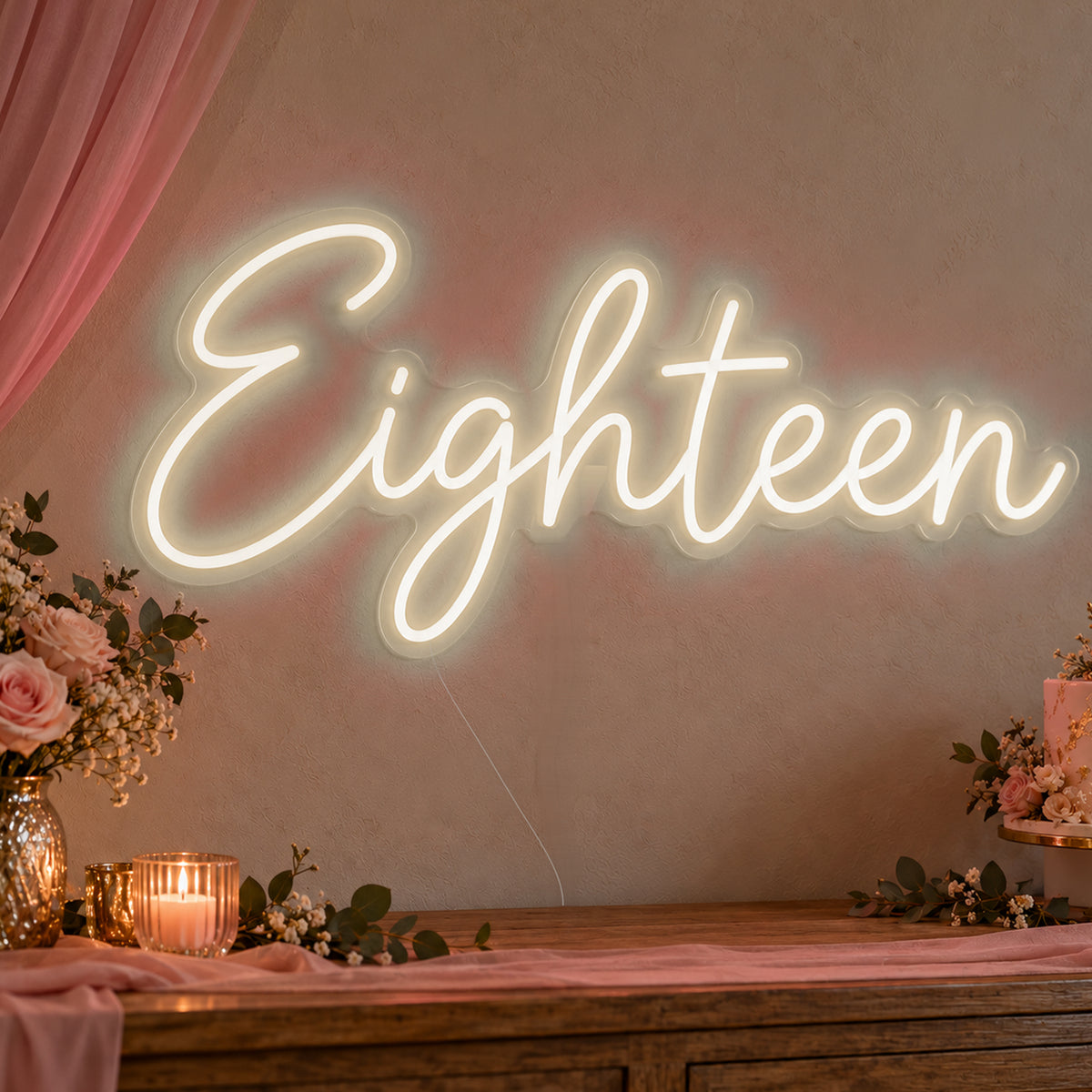 Eighteen Neon Sign in warm white LED neon on clear acrylic, angled view
