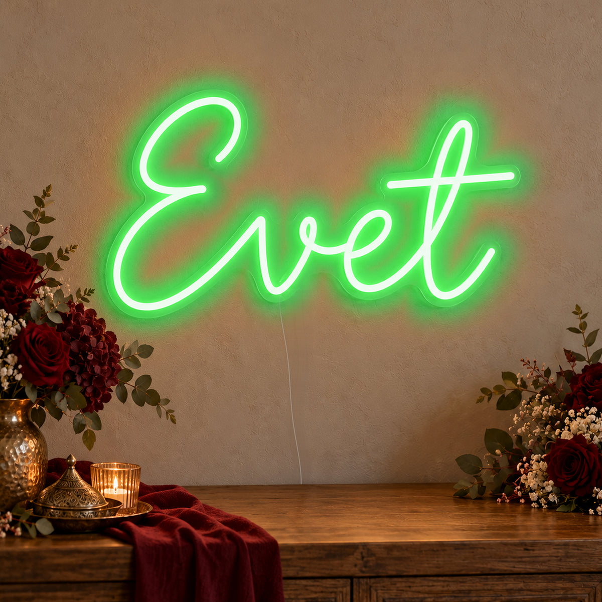 Evet Neon Sign in green LED neon on clear acrylic, angled view