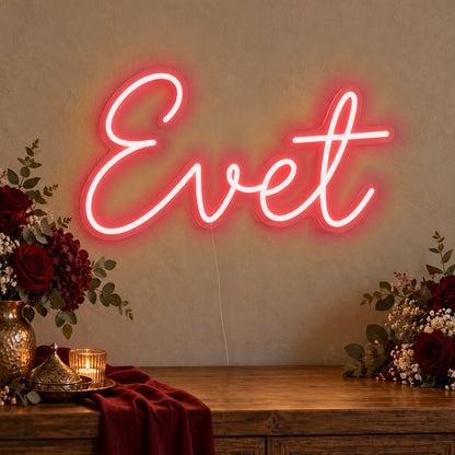 Evet Neon Sign in red LED neon on clear acrylic, angled view