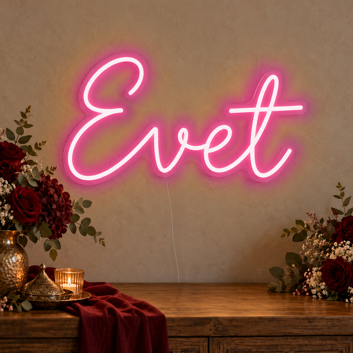 Evet Neon Sign in rose red LED neon on clear acrylic, angled view