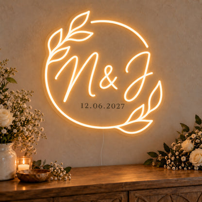 Personalised Filipino Wedding Monogram Neon Sign on clear cut-to-shape acrylic in an illuminated wall display; example personalisation shown.